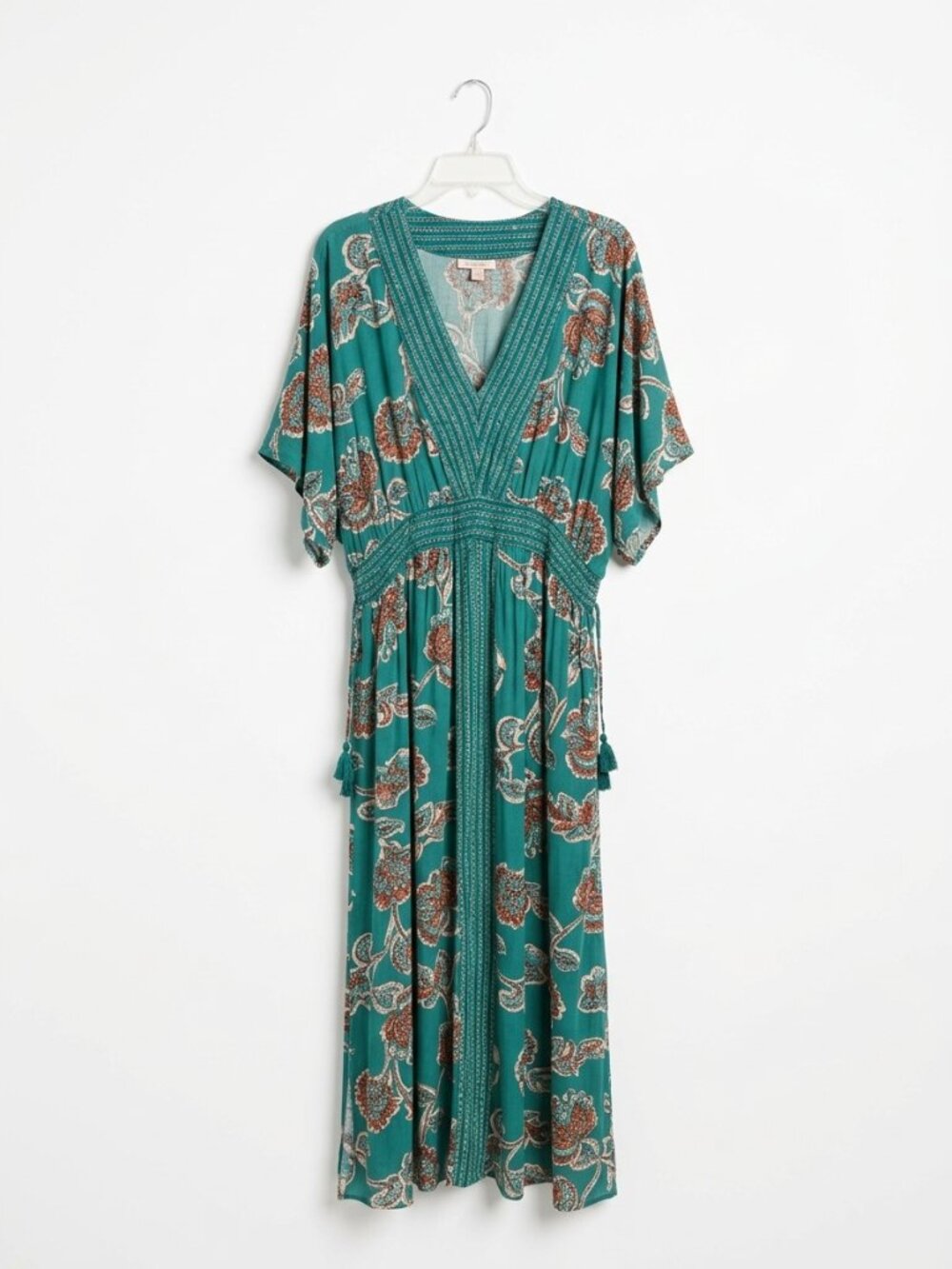 Boho Floral Teal Smocked V-Neck Kaftan Maxi Dress w/Tassels & Pockets - Picture 5 of 9